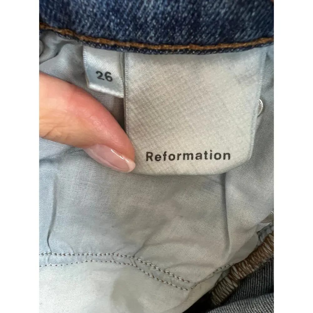 REFORMATION Blue Kasai Wash Mid-Rise Raw Hem Slim Denim Jeans Size 26